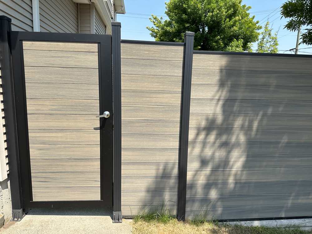 Antique grey composite gate with black aluminum frame